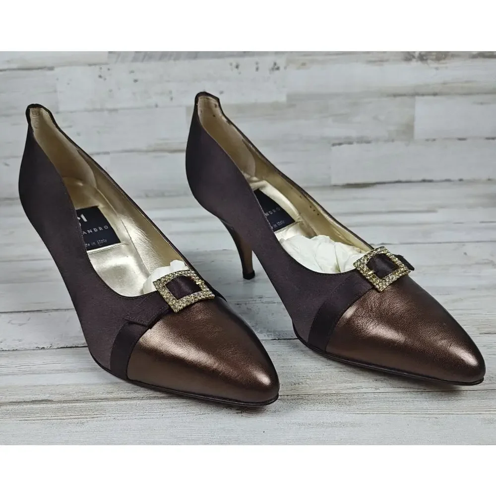 Di Sandro Pumps Brown Satin/Metallic Bronze Leather W/Rhinestone Buckle US9/EU40